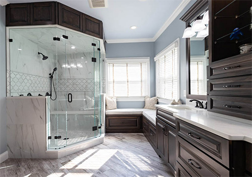 Home restroom with walk in shower and new sink, done for a bathroom remodel near Aldie, VA.