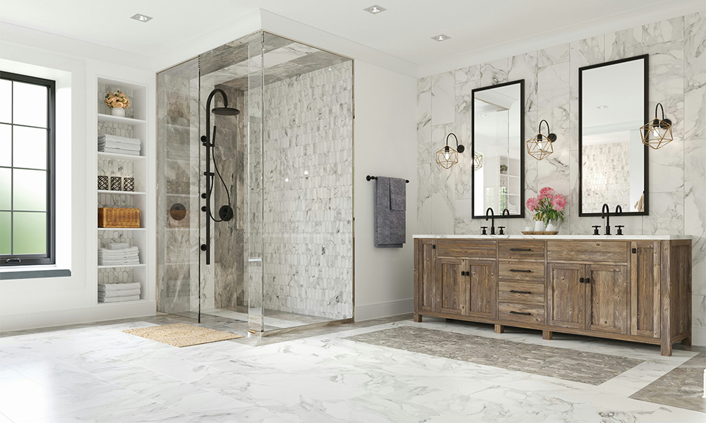 A bathroom with a walk-in shower and porcelain tile flooring near Aldie, Virginia.