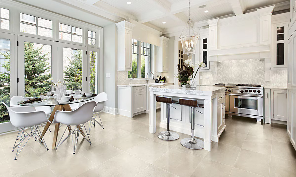 Kitchen and dining area with tile flooring near Annandale, Virginia.