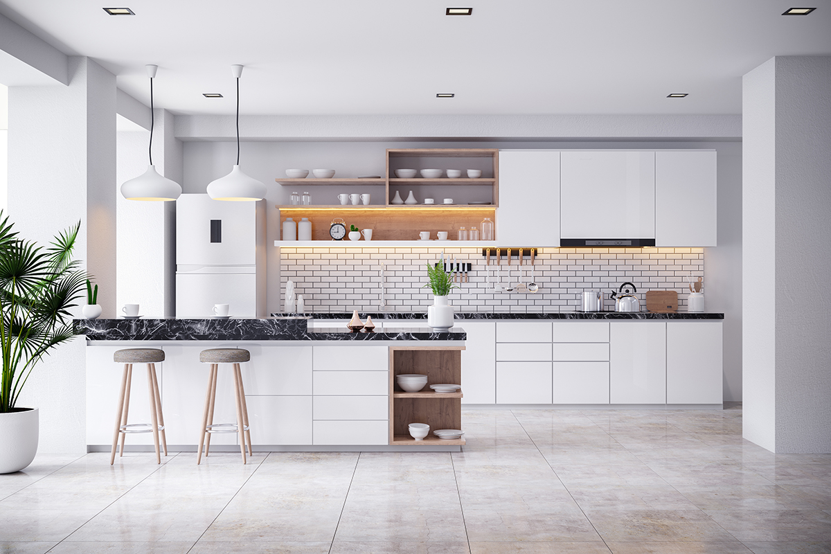 Kitchen with tile flooring set up by our design and build contractors near Arlington, Virginia.