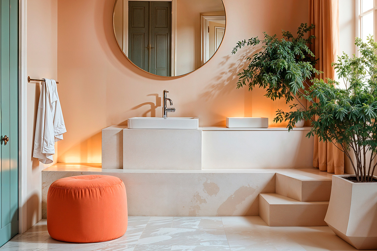 Bathroom with light orange walls planned by our Greenway design and build firm.