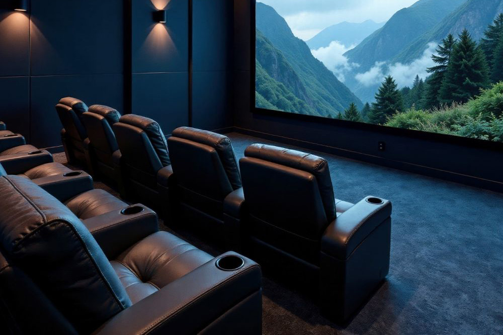 A sleek home theater with large screen, new carpet, and plush leather seats configured by our Chantilly house renovation contractors.
